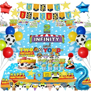 Toy Story 2nd Birthday Party Two Infinity Backdrop Banners Swirls 2 Foil Balloons Table Cloth Cupcake Cake Toppers Hats Supplies
