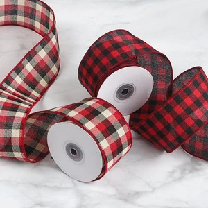 Custom Printed Christmas Ribbon 40mm Burlap Christmas Tree Linen Silk Edge Ribbon for Holiday Decoration