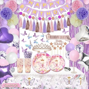 Purple and Pink Butterfly Birthday Decorations for Girls Kit Disposable Dinnerware Set with Balloons Sash Tiara Banner