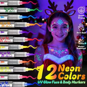 Flysea UV Neon Face Paint Markers 12 Colors Glow In Dark Washable Temporary Tattoos Christmas Halloween Party Gifts Boxed