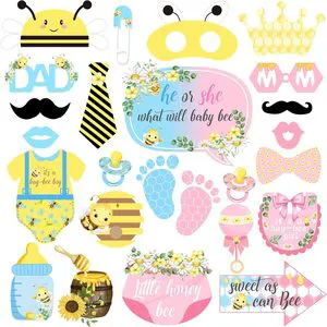24Pcs What Will Baby Bee Gender Reveal Party Photo Booth Props Little Honey Bumble Bee and Baby Shower He or She Selfie Props