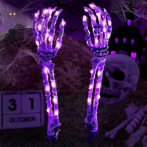 Punk Halloween Metal Bracelet and Ring Set Exaggerated Ghost and Skeleton Hand Alloy Party Props Led String Light for Garden