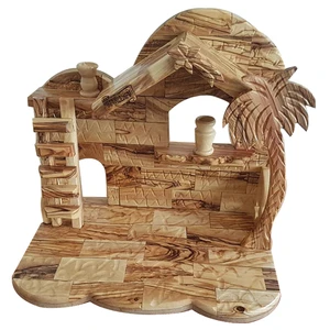 Handmade Olive Wood Nativity Stable Tree Stand & Accessory Christmas Tree Shape Decorations