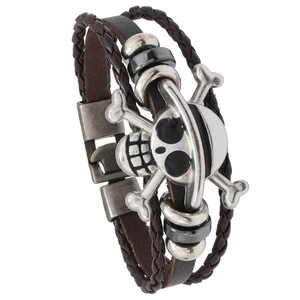 HLC Halloween Anime Pirate Skulls Black Leather Bracelets Braided Handmade Jewelry Wristband Steampunk Skulls Bracelet Jewelry