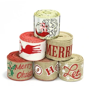 Christmas Ribbon Natural Customized Pattern Printed Burlap Jute Ribbon Wired Edge Christmas Tree Holiday Wire Ribbon