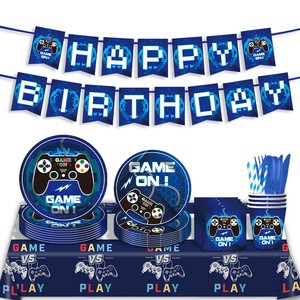Blue Game Pad Birthday Party Supplies Disposable Tableware Gamepad Paper Plates Napkins Banner Tablecloth Birthday Party Decor