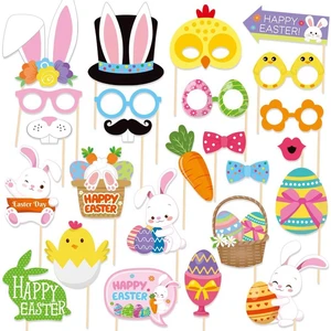 25Pcs Easter Photo Booth Props Kit Event Party Favors and Decoration Chicken Rabbit Colorful Egg Bunny Photographing Gift
