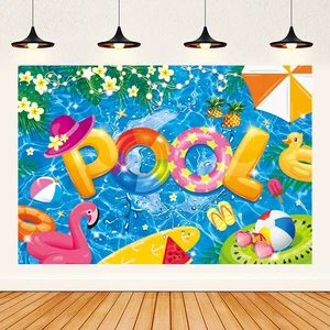 Summer Beach Party Banner Background Kids Birthday Hawaiian Swimming Pool Party Backdrop for Hawaii Party Decorations