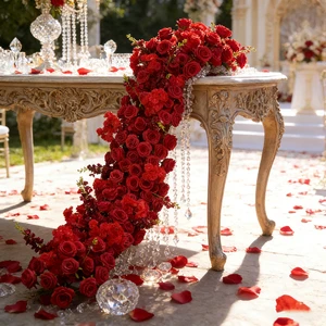 Retro Classic Wedding Red Flower Runner Arrangement 8 Feet Silk Rose and Cherry Blossom Floral Runner Decoration for Table