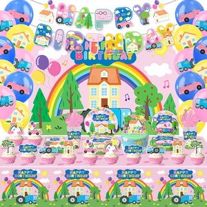 Pastel Cartoon Pig Party Decorations Set Including Banner Backdrop Cake Toppers Balloons Disposable Tableware for Kids Birthday