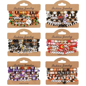 New Bohemia Zinc Alloy Halloween Pirate Ghost Pendant Polymer Clay Beaded Bracelet for Party and Holiday