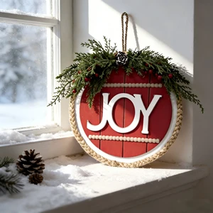 Christmas Festive JOY Ornament with Pine Sprigs ,Berries and Bow