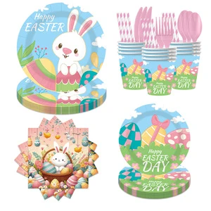 Easter Rabbit Party Disposable Tableware Kit Paper Banner Tablecloth Paper Plate Cup Cutlery for Festival Easter Party Supplies