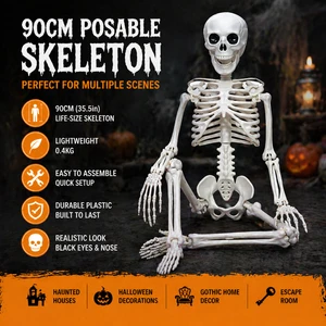 3FT Flexible Halloween Skeleton With Movable Joints Realistic 35.5 Inches Plastic Bones For Gothic Home Decor Haunted House Prop