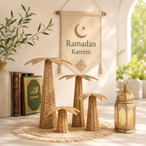 Sustainable Water Hyacinth Palm Tree Table Centerpiece Handmade Ramadan Kareem Islamic Home Decoration Wholesale Factory