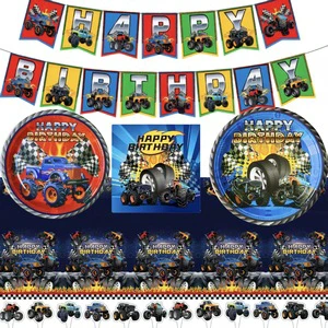New Monster Truck Theme Birthday Tableware Set Party Decoration Disposable PE Tablecloth Paper Plates Tissues