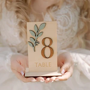 Sage Green Wooden Rectangular Table Number Plate with Leaf Pattern Modern Mori Wedding Dining Arrangement Digital Brand