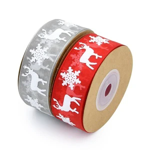 2.5CM Width Festive Christmas Ribbon Polyester Organza with Snowflake Deer Pattern for Gift Box Decoration During Holiday Season