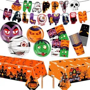 New Halloween Theme Tableware Party Supplies Birthday Decoration Horror Prop Paper Plate Napkin Tablecloth Cup Banner Set Custom