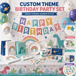 Custom Event Theme Birthday Party Supplies Set Decorations Tableware Favor Bags Stickers Wholesale