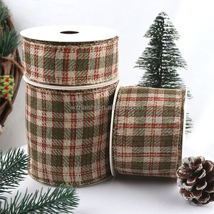 Factory Wholesale 10 Yards Polyester Christmas Plaid Green and Yellow Ribbon Christmas Tree Wreath with Bow Tie