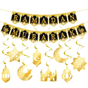 Ramadan Eid Mubarak Decoration Gold Black Banner Islamic Ornaments Horizontal Party Hanging Supplies
