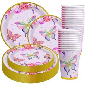 60 PCS Spring Pink Butterfly Themed Disposable Tableware Set for Girls Birthday Party Decorations Supplies