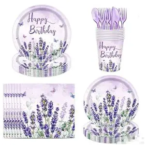 20 Peiple Lavender Butterfly Theme Disposable Tableware Set Paper Plates Napkins Tablecloth Bannerfor Girl Birthday Party Decor
