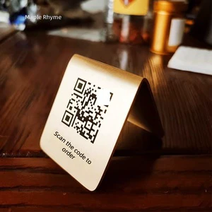 Custom Brass QR Code Table Tent Sign, V-Shape Metal Restaurant Table Number Plate for Upscale Dining & Ordering