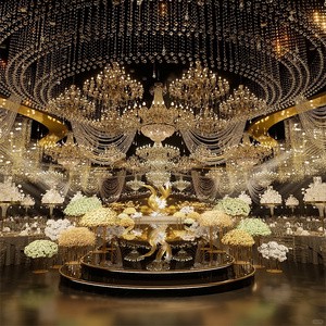 Wedding Hall Event Backdrop Centerpieces Ceiling Lighting Golden Artificial Flowers Design Wedding Hall Turnkey Solutions