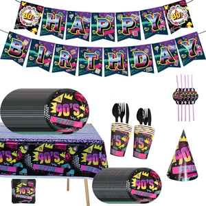 90s Theme Birthday Party Supplies Disposable Tableware Banner Pennant Flag Table Decorations for Your Stylish Celebration