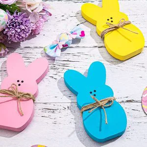Wooden Easter Ornament Colorful Tulip Flower and Carved Rabbit Decoration for Holiday Home Decor