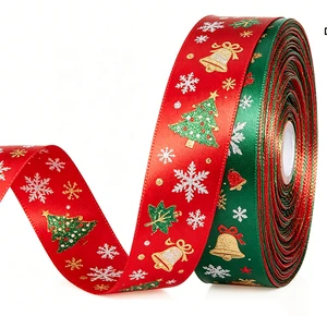 Custom Gold Glitter Christmas Polyester Satin Ribbon Roll Xmas Tree Bell Snowflake Print Gift Wrapping Ribbon Small MOQ OEM