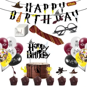 Wizard Magical Birthday Party Supplies Decoration Set with Happy Birthday Banner Wizard Glasses Tie Tattoo Cake Toppers Balloons