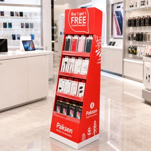 Christmas Tree Pattern Red Cardboard Floor Display Stand for Smartphone Electronic Accessory Merchandise