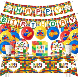 Building Block Birthday Party Paper Dishes Cups Napkins Table Cloth Banners Garland Balloons Toy Disposable Dinnerware Set Favor