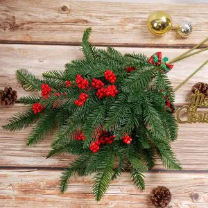Handmade Artificial Cedar Berry Branch Waterproof Green Leaves Red Berries Christmas Decorations Holiday Ornaments Home Decor