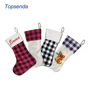 Wholesale Christmas Stockings Red/Black and Black/White Xmas Plaid Personalized Sublimation Blanks Linen Stocking