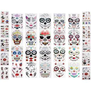 Halloween Temporary Glitter Red Roses and Day of the Dead Sugar Skull Face Tattoo Sticker for Red Roses and Skull Fans