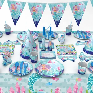 Disposable Paper Dinnerware Set Birthday Theme Party Kit Under the Sea Mermaid Decoration with Customizable Color & Logo