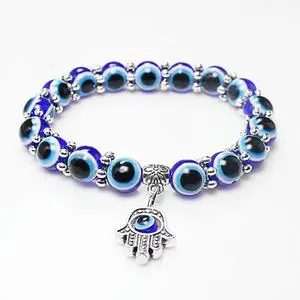 Stretch Beaded Hamsa Bracelet for Women and Men Lucky Hand of Fatima Evil Bracelet for Protection Copper Jewelry for Gift