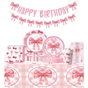 Adorable Pink Ballerina Themed Disposable Party Set for Kids Birthday Include Bow Decorated Plates Cups Tablecloth Napkins Decor