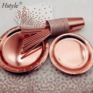 Hstyle Rose Gold Birthday Party Decorations Set for Girls Women Birthday Banner Curtains Table Runner Tableware Kit for Guest