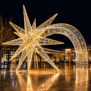 CE UL Metal Frame Christmas Holiday Festival Square Centerpiece Light-Up Shooting Star Decoration 3D Gold Star Motif Light