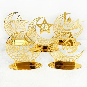 Acrylic Gold Star Moon Eid Mubarak Ornament LED Gold Hollow Ramadan Kareem Decor Muslim Islamic for Home Festival Party Supplies