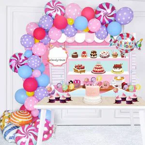 LEMON 128 Pack Candy Party Decorations Set - Candy Backdrop Lollipop Balloon Cupcake Topper Party Latex Balloon Garland Arch