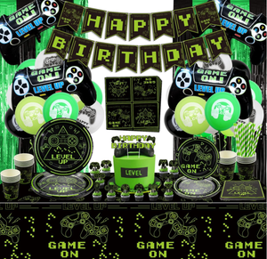 Video Game Birthday Party Tableware Paper Plates Cups Napkins Straws Tablecloth Flags Foil Balloons Tinsel Cake Toppers Supplies