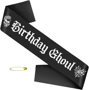 Black Birthday Ghoul Sash White Gothic Letters Halloween Ghost Spooky Design Satin Material Party Decoration for Indoor/Outdoor