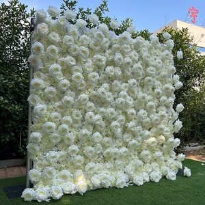 YXFW086 RosyFlower Artificial Flower Wall Backdrop 3D 5D White Big Roses Wall Roll up 8ftx8ft Flower Wall for Wedding Decoration