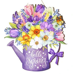 Hello Spring Rustic Wooden Painted Flower Wreath Door Sign Front Porch Hanging Home Decor
